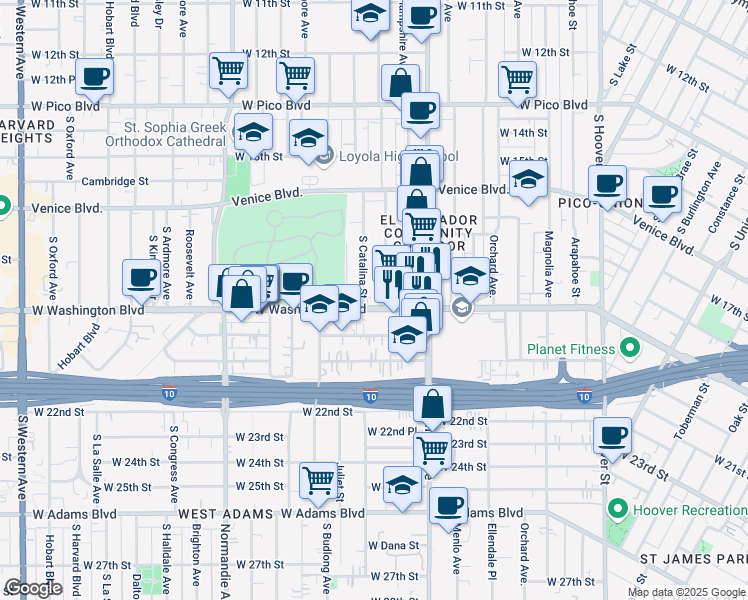 map of restaurants, bars, coffee shops, grocery stores, and more near 1673 West Washington Boulevard in Los Angeles