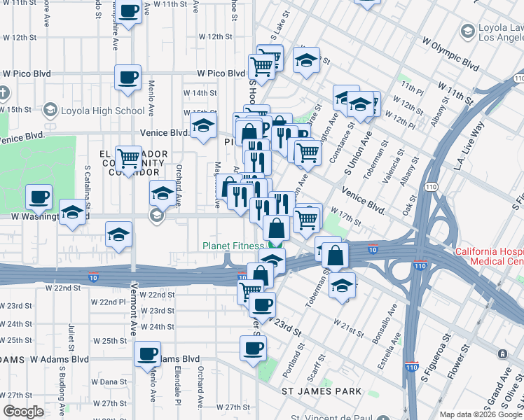 map of restaurants, bars, coffee shops, grocery stores, and more near 1824 South Hoover Street in Los Angeles