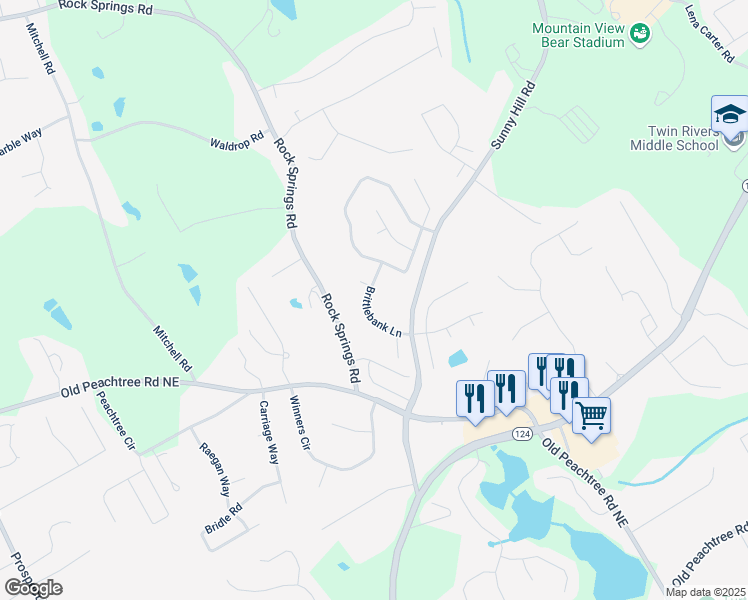 map of restaurants, bars, coffee shops, grocery stores, and more near 1854 Brittlebank Lane in Lawrenceville