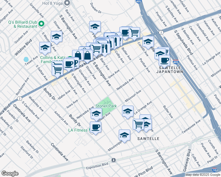 map of restaurants, bars, coffee shops, grocery stores, and more near 1741 South Barrington Avenue in Los Angeles