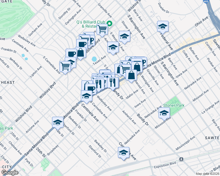 map of restaurants, bars, coffee shops, grocery stores, and more near in Los Angeles