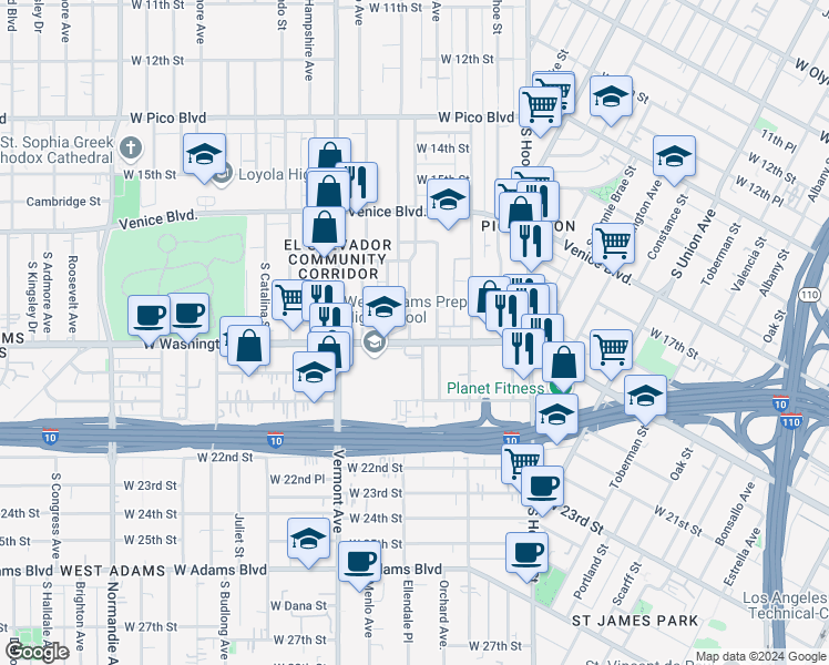 map of restaurants, bars, coffee shops, grocery stores, and more near 1479 West Washington Boulevard in Los Angeles