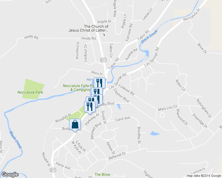 map of restaurants, bars, coffee shops, grocery stores, and more near 150 Noccalula Drive in Gadsden