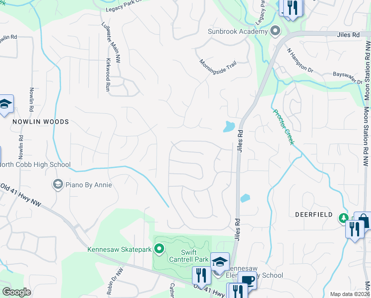 map of restaurants, bars, coffee shops, grocery stores, and more near 2716 Windsor Court in Kennesaw
