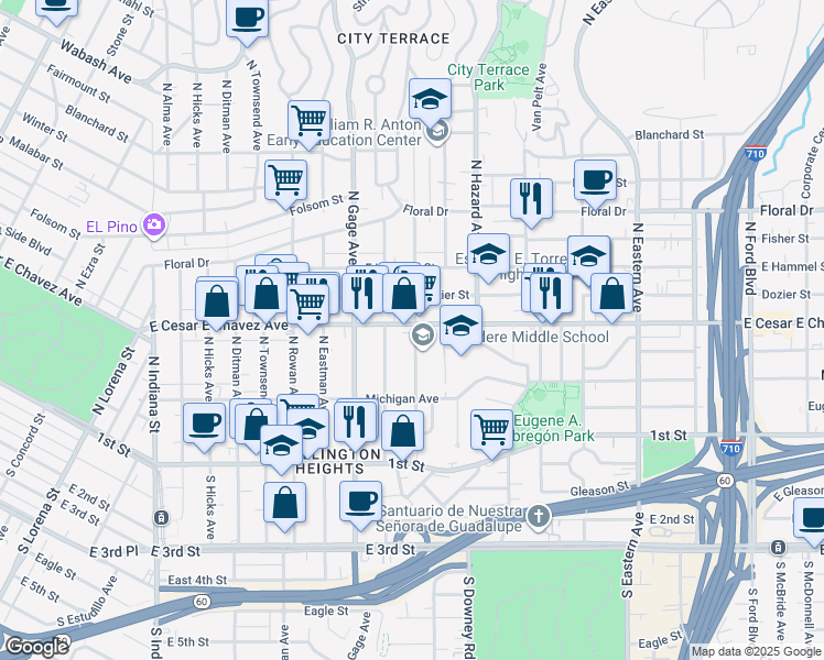 map of restaurants, bars, coffee shops, grocery stores, and more near 3868 East Cesar E Chavez Avenue in Los Angeles