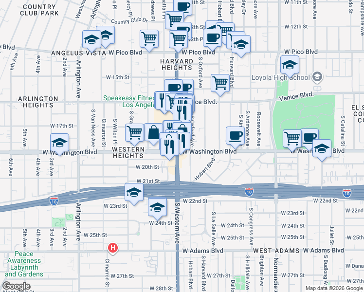 map of restaurants, bars, coffee shops, grocery stores, and more near 1819 South Oxford Avenue in Los Angeles