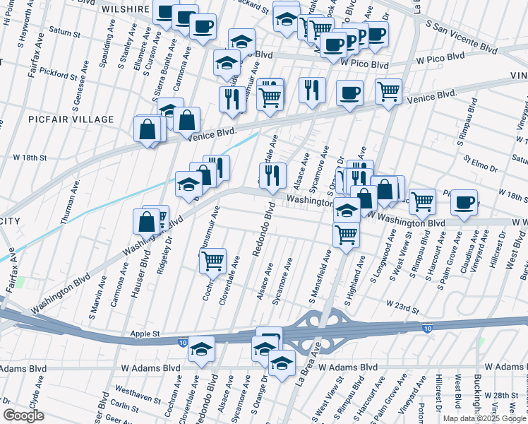 map of restaurants, bars, coffee shops, grocery stores, and more near 5167 West 20th Street in Los Angeles