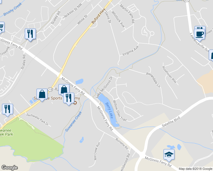 map of restaurants, bars, coffee shops, grocery stores, and more near 3531 Lake McGinnis Drive in Suwanee