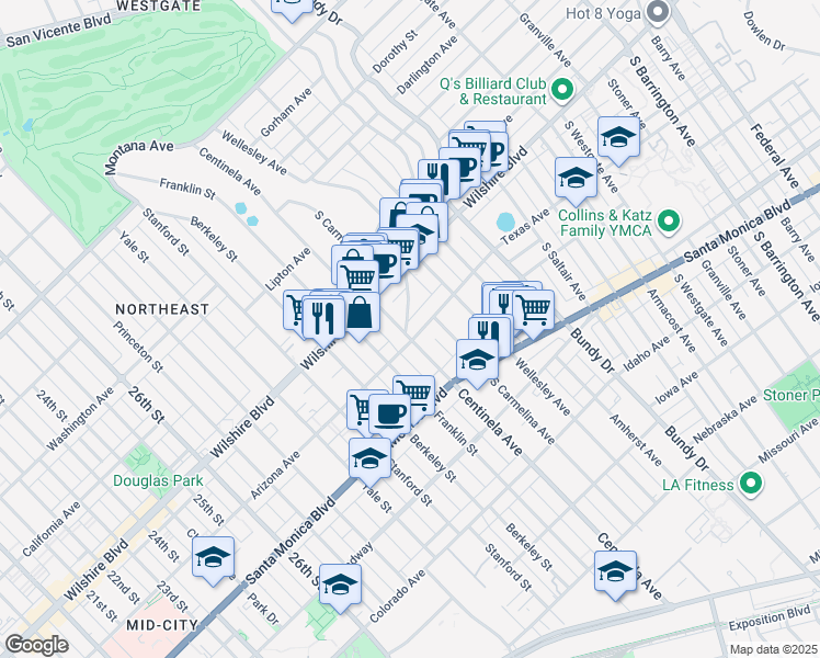 map of restaurants, bars, coffee shops, grocery stores, and more near 12425 Texas Avenue in Los Angeles