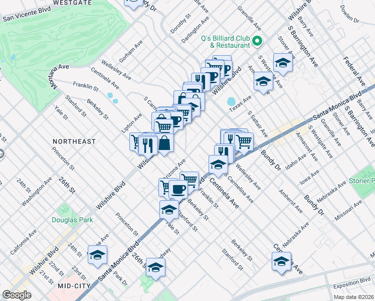 map of restaurants, bars, coffee shops, grocery stores, and more near 12425 Texas Avenue in Los Angeles