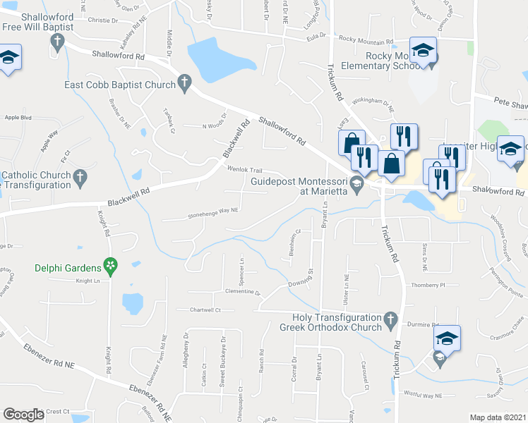 map of restaurants, bars, coffee shops, grocery stores, and more near 2114 Candlewood Court Northeast in Marietta