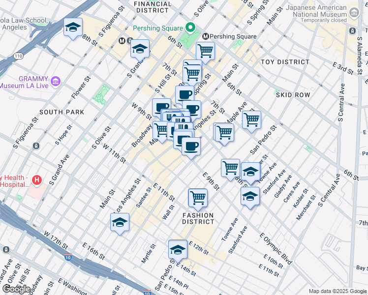 map of restaurants, bars, coffee shops, grocery stores, and more near 225E East 9th Street in Los Angeles