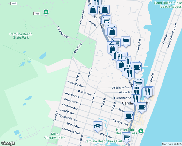 map of restaurants, bars, coffee shops, grocery stores, and more near 500 North 7th Street in Carolina Beach