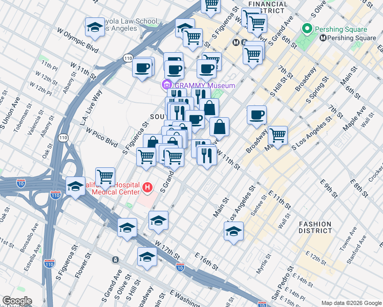 map of restaurants, bars, coffee shops, grocery stores, and more near 1137 South Grand Avenue in Los Angeles