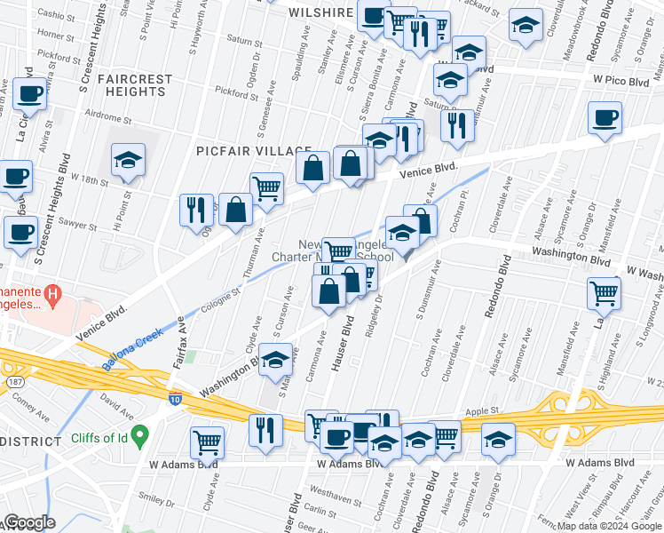 map of restaurants, bars, coffee shops, grocery stores, and more near 1835 1/2 Carmona Avenue in Los Angeles