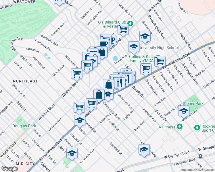 map of restaurants, bars, coffee shops, grocery stores, and more near 1345 Wellesley Avenue in Los Angeles