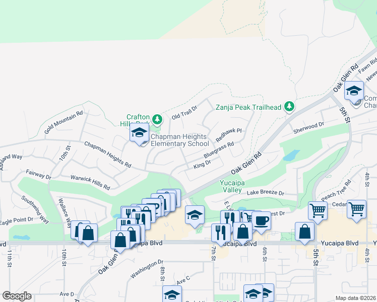 map of restaurants, bars, coffee shops, grocery stores, and more near 33786 McKenny Place in Yucaipa