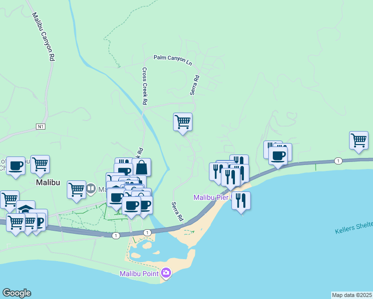 map of restaurants, bars, coffee shops, grocery stores, and more near 3629 Serra Road in Malibu