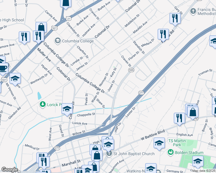 map of restaurants, bars, coffee shops, grocery stores, and more near 1800 Isabel Street in Columbia