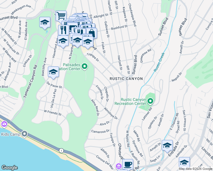 map of restaurants, bars, coffee shops, grocery stores, and more near 700 Chapala Drive in Los Angeles