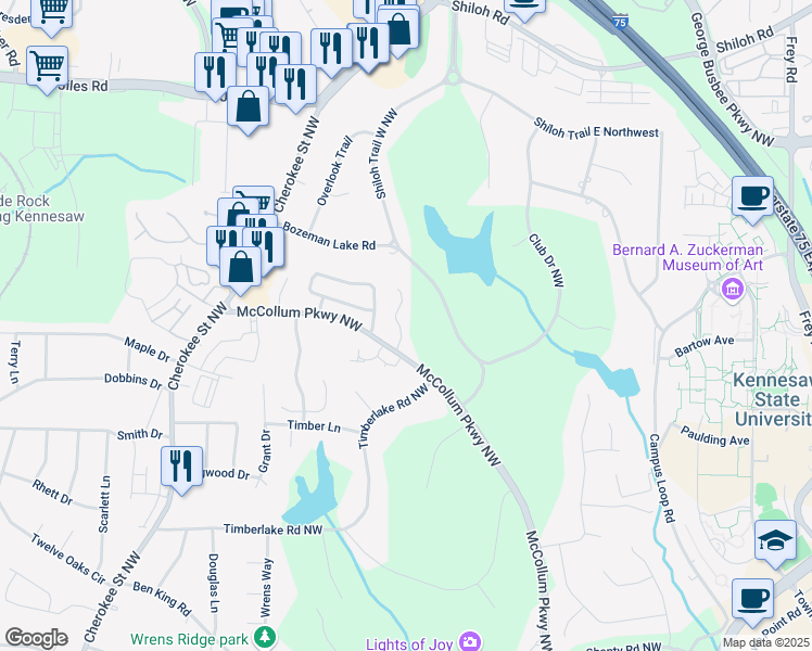 map of restaurants, bars, coffee shops, grocery stores, and more near 2125 Fairways Court in Kennesaw