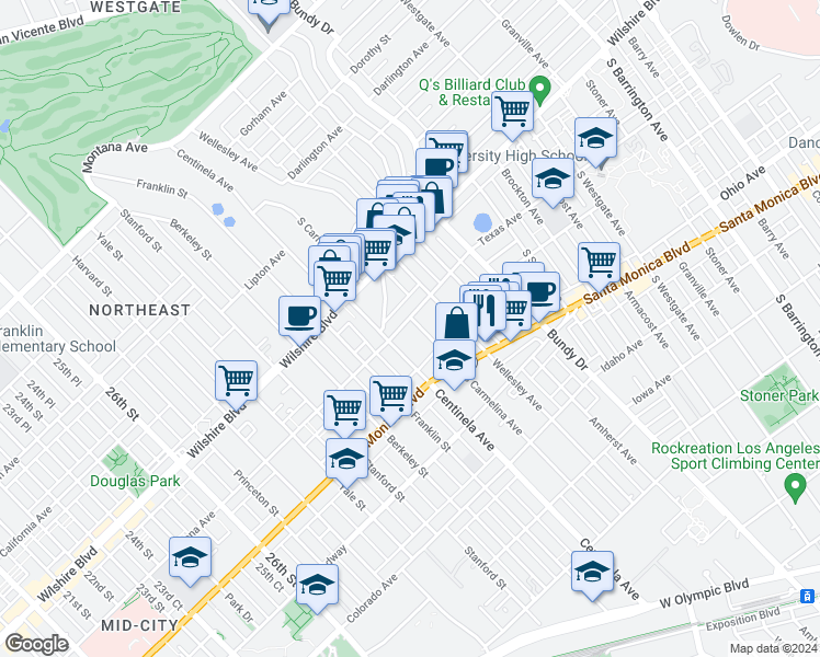 map of restaurants, bars, coffee shops, grocery stores, and more near 12412 Texas Avenue in Los Angeles
