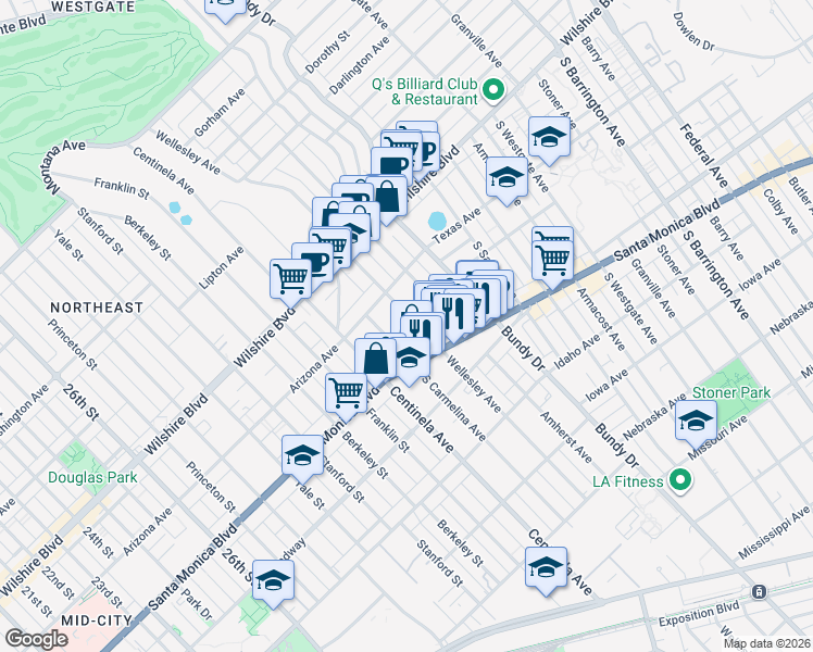 map of restaurants, bars, coffee shops, grocery stores, and more near 1345 Wellesley Avenue in Los Angeles