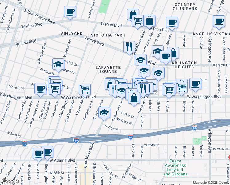 map of restaurants, bars, coffee shops, grocery stores, and more near 1859 Crenshaw Boulevard in Los Angeles