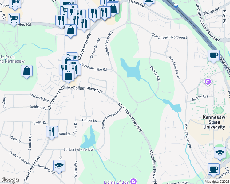 map of restaurants, bars, coffee shops, grocery stores, and more near 2170 Fairways Court in Kennesaw