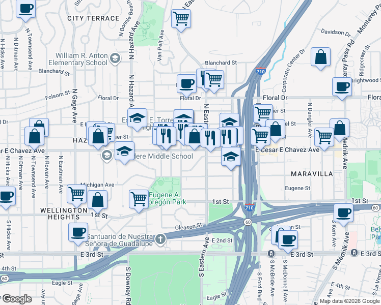 map of restaurants, bars, coffee shops, grocery stores, and more near 4237 East Cesar E Chavez Avenue in Los Angeles