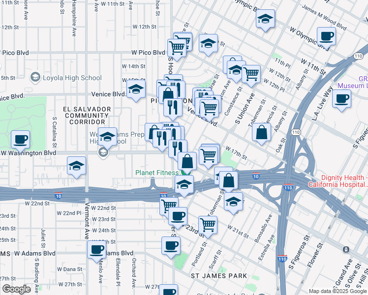 map of restaurants, bars, coffee shops, grocery stores, and more near 1826 South Bonnie Brae Street in Los Angeles