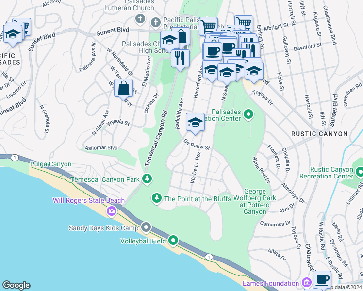map of restaurants, bars, coffee shops, grocery stores, and more near 582 Radcliffe Avenue in Los Angeles
