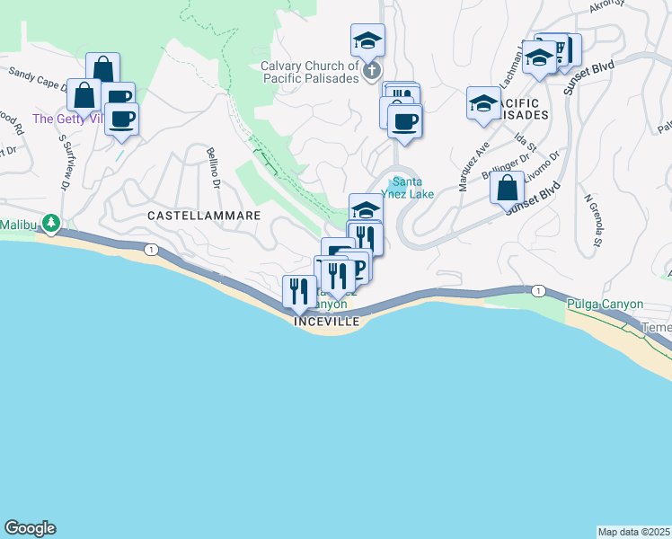 map of restaurants, bars, coffee shops, grocery stores, and more near 17322 Tramonto Drive in Los Angeles