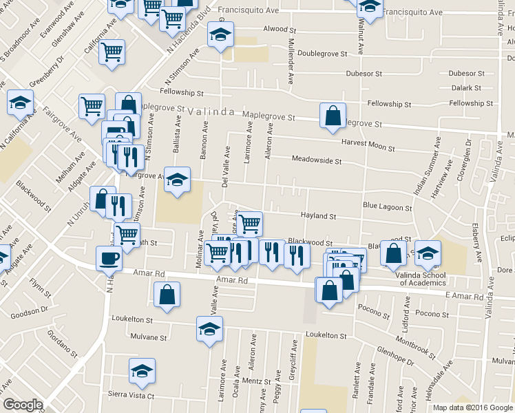 map of restaurants, bars, coffee shops, grocery stores, and more near 1159 Aileron Avenue in La Puente