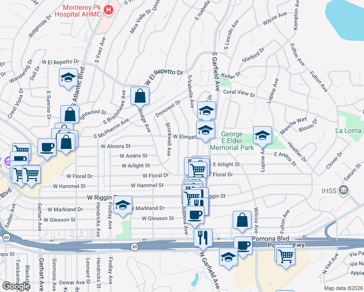 map of restaurants, bars, coffee shops, grocery stores, and more near 2012 Graylock Avenue in Monterey Park