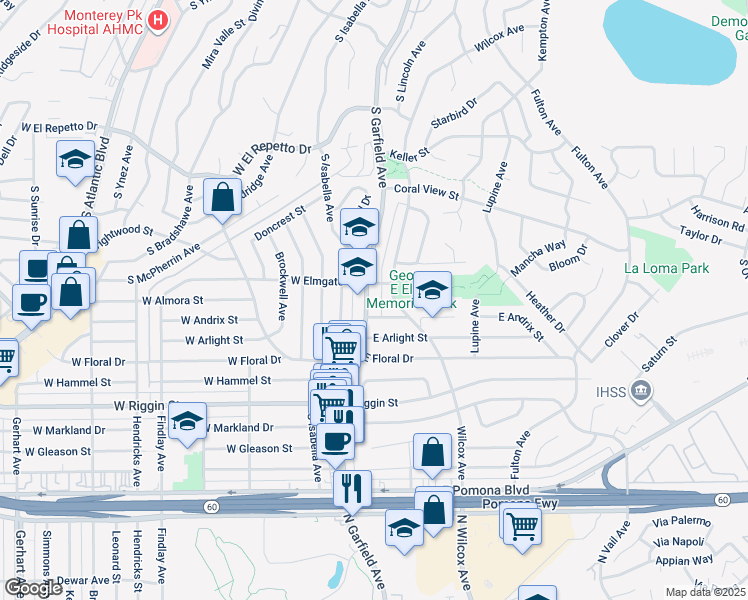 map of restaurants, bars, coffee shops, grocery stores, and more near 2012 South Garfield Avenue in Monterey Park