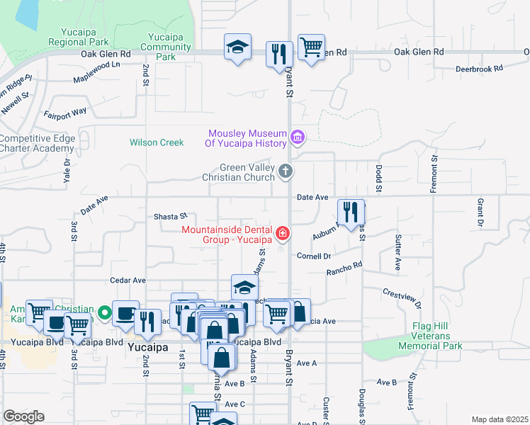 map of restaurants, bars, coffee shops, grocery stores, and more near 35245 Date Avenue in Yucaipa
