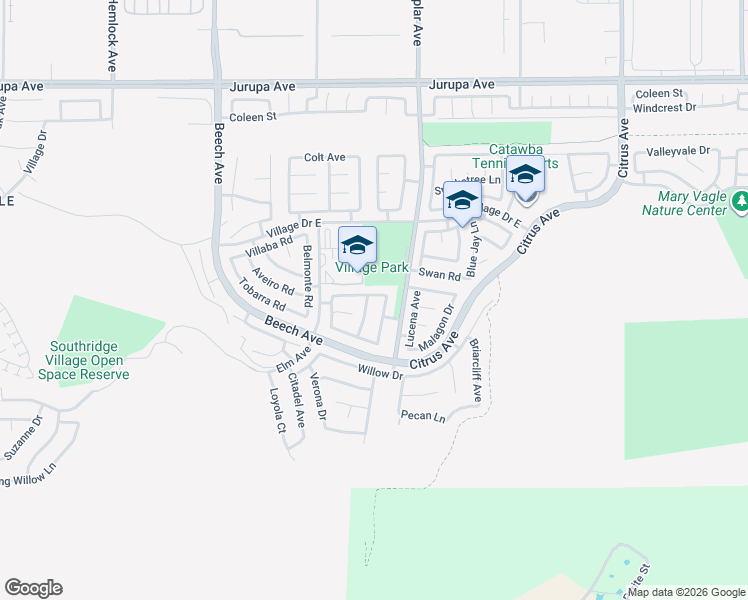 map of restaurants, bars, coffee shops, grocery stores, and more near 15572 Villa Del Rio Road in Fontana
