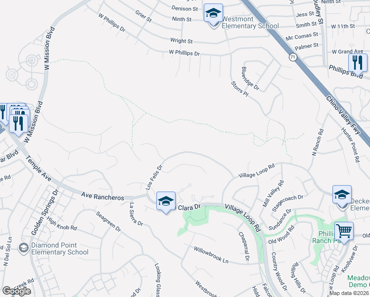 map of restaurants, bars, coffee shops, grocery stores, and more near 34 Los Felis Dr in Pomona
