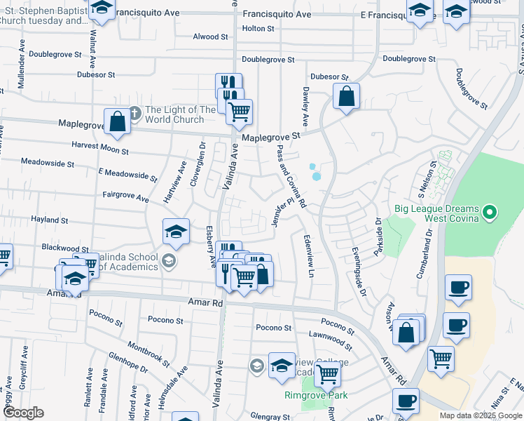 map of restaurants, bars, coffee shops, grocery stores, and more near 1818 Berglund Drive in West Covina