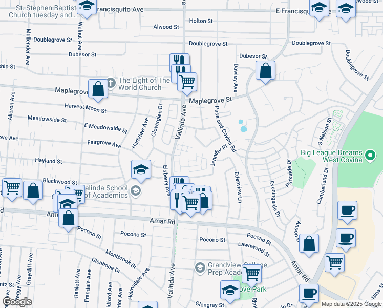 map of restaurants, bars, coffee shops, grocery stores, and more near 1814 South Summerplace Drive in West Covina