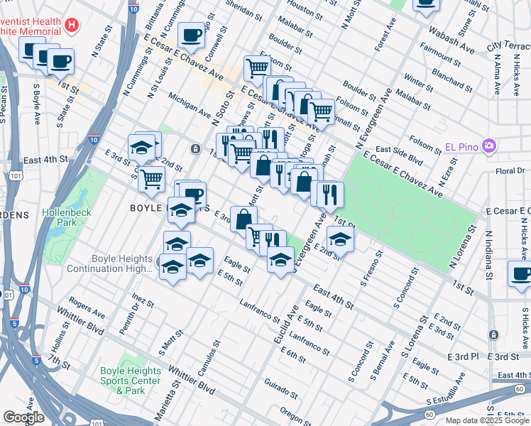 map of restaurants, bars, coffee shops, grocery stores, and more near 2750 1st Street in Los Angeles