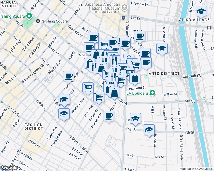 map of restaurants, bars, coffee shops, grocery stores, and more near 527 Ceres Avenue in Los Angeles