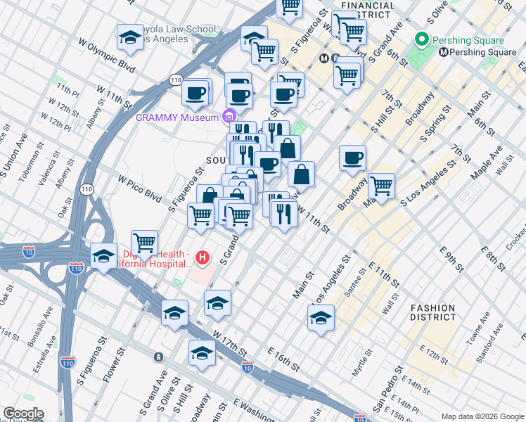map of restaurants, bars, coffee shops, grocery stores, and more near 1137 South Grand Avenue in Los Angeles