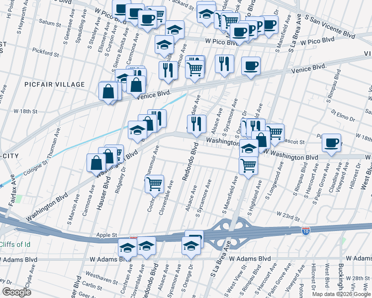 map of restaurants, bars, coffee shops, grocery stores, and more near 5200 Washington Boulevard in Los Angeles
