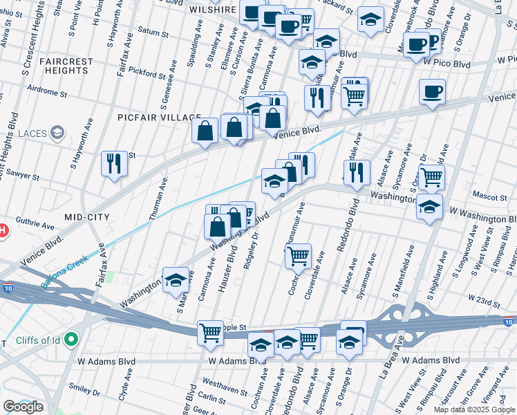 map of restaurants, bars, coffee shops, grocery stores, and more near 1841 South Ridgeley Drive in Los Angeles