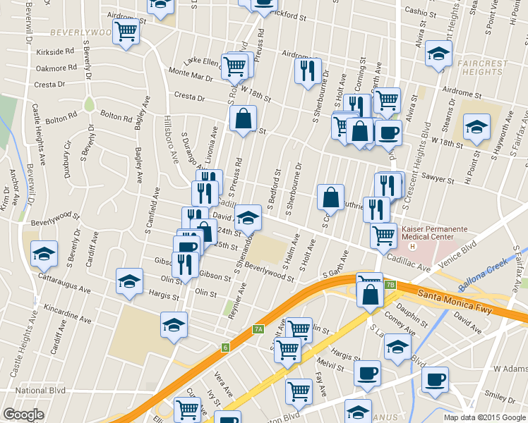 map of restaurants, bars, coffee shops, grocery stores, and more near 2021 South Bedford Street in Los Angeles