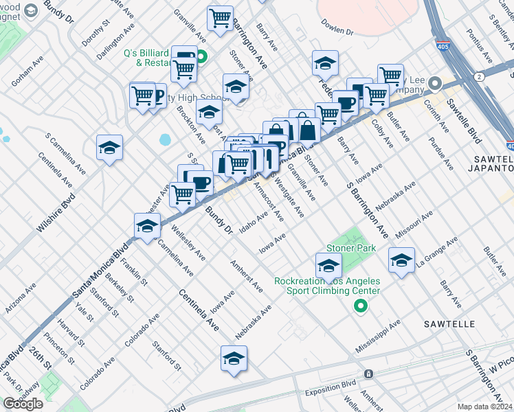 map of restaurants, bars, coffee shops, grocery stores, and more near 1530 Armacost Avenue in Los Angeles