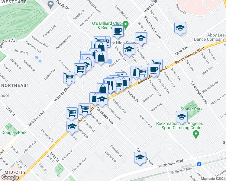 map of restaurants, bars, coffee shops, grocery stores, and more near 1408 Amherst Avenue in Los Angeles