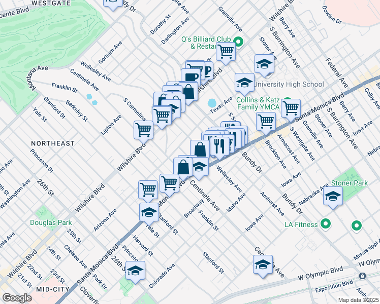 map of restaurants, bars, coffee shops, grocery stores, and more near 1322 Wellesley Avenue in Los Angeles